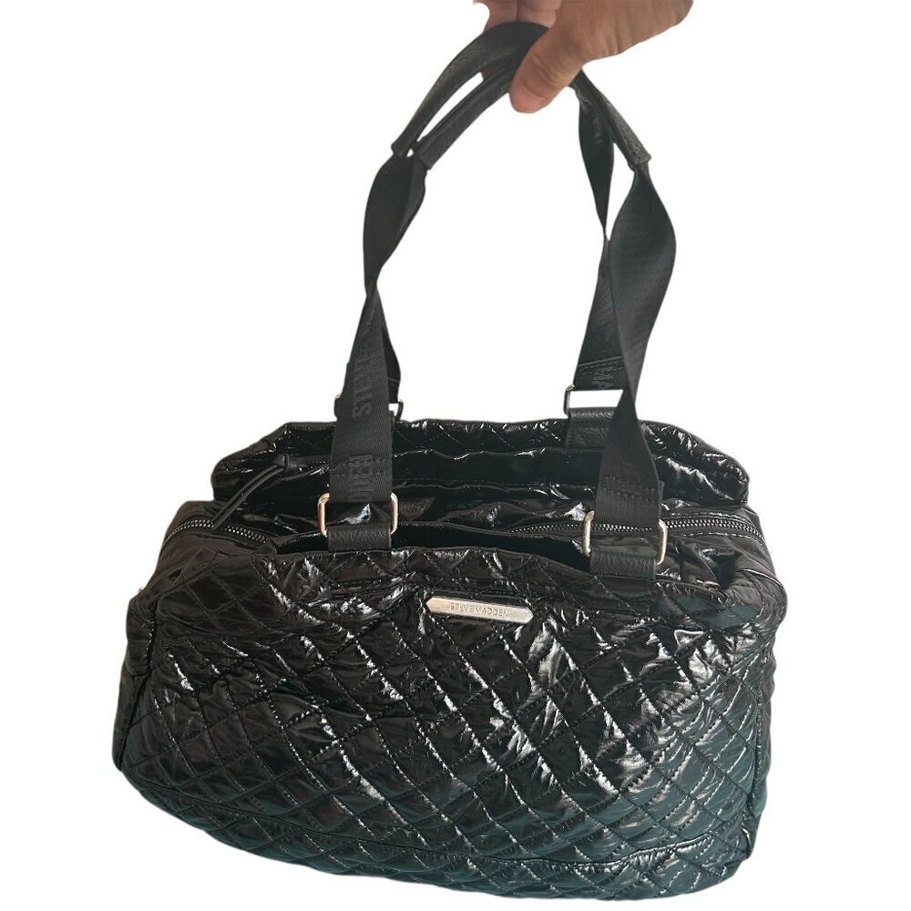 Steve Madden Black Large Quilted Tote Weekender Shoulder Bag Canvas Handles